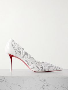 Christian Louboutin's 'Apostropha Petunia' pumps celebrate the art of openwork - the floral pattern feels so elegant yet contemporary. The pair is made from white leather and PVC and set on 80mm heels. The signature flash of red underfoot will be an eye-catching choice for the modern bride. White Louboutin Heels, White Louboutin, Louboutin Wedding, Christian Louboutin Wedding Shoes, Red Louboutin, Flat Dress Shoes, Louboutin Heels, The Modern Bride, Christian Louboutin Women