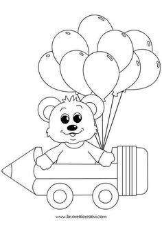 a teddy bear driving a car with balloons in the back coloring pages for kids, printable