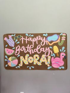 a happy birthday sign hanging from the side of a refrigerator