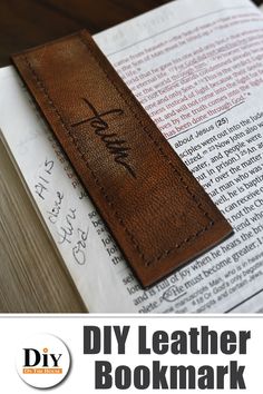 a leather bookmark with the words diy leather bookmark on top of it