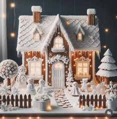 a gingerbread house decorated with snow and christmas lights