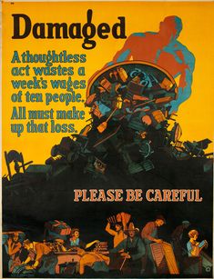 an old poster with the words damaged on it's front and back sides, depicting people sitting around a pile of junk