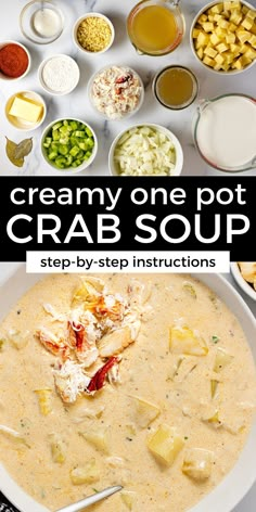 creamy one pot crab soup with ingredients in bowls