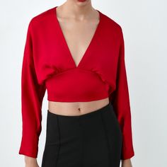 Nwt, Size M Chic Red Party Blouse, Chic Red V-neck Top, Red V-neck Tops For Evening, Red V-neck Evening Tops, Elegant Red Tops For Date Night, Elegant Red Top For Date Night, Chic Red Zara Blouse, Elegant Red Zara Tops, Chic Red Blouse For Evening