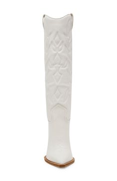 A timeless Western boot is reimagined with a pronounced pointy toe and sky-high stiletto heel for a design that's fresh and edgy. 4" heel 13" shaft; 15" calf circumference Leather upper/synthetic lining and sole Imported White Cowgirl Boots, Western Boots Women, Sky High, Cowgirl Boots, Western Boots, White Leather, Steve Madden, Stiletto Heels, Leather Upper