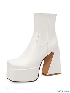 OrcaJump - Womens PU Leather Ankle Boots with Square Heel, Minimalistic Design, Zipper Closure, for Fall/Winter, Solid White Platform Boots With Zipper For Winter, White Winter Platform Boots With Zipper, White Platform Boots With Square Toe For Winter, White Square Toe Platform Boots For Fall, White High Heel Platform Boots With Zipper, White Faux Leather Heeled Boots For Winter, White Platform Boots With Zipper Closure For Spring, White Ankle Platform Boots With Zipper, White Platform Ankle Boots With Zipper