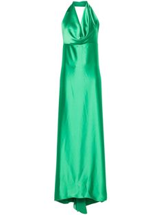 green cady texture cowl halterneck open back draped panel detail sleeveless floor-length high-low hem full lining no fastening Uzun Boy, Tank Dresses, Bridesmaid Dresses Prom, Versace Outfit, Yoko London, Cowl Neckline, Maxi Dress Green, Floor Length Dresses, High Low Hem