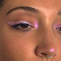 Pink Glitter Eyeliner Looks, Pink Shiny Eye Makeup, Elton John Inspired Makeup, Pink Glitter Eyeshadow Looks, Pink Liner Eye Makeup, Hens Makeup, Pink Eyeliner Makeup, Sugar Plum Fairy Makeup, Spongebob Musical