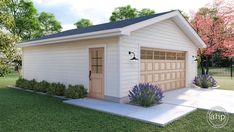 a small white garage sitting on top of a lush green field