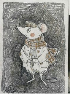 a drawing of a mouse wearing a hat and scarf