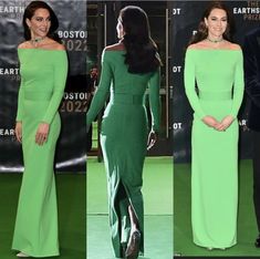 three pictures of the same woman in green dresses, one is wearing an off shoulder dress