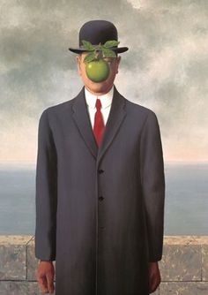 a painting of a man with an apple on his face, wearing a suit and tie