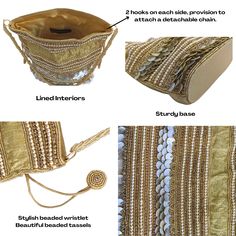 Indian Potli Bags For Parties, Wedding And Festivals, Pearl Gold Evening Bag , Drawstring Bag Embellished With Beads, Pearls, Seashells Stones The potli bag holds a significant place in the cultural heritage of ancient Bhopal, linking back to early tribal traditions that crafted ornaments from various materials. Initially recognized by the Begums (Female Rulers), who added a Persian touch, the craft has evolved into an integral aspect of Nawabi Culture. Today, the beaded potli bags are part of the rich cultural heritage of the city which survives due to the devotion of a few senior artisans.**Spacious Drawstring Bag:** 6 inches * 5 inches * 1.5 inches. The evening bags are spacious to accommodate mobile and other small accessories like car key, cosmetics etc.**Closure:** This wrist bag has Beaded Rectangular Potli Bag For Festive Occasions, Festive Beaded Rectangular Potli Bag, Festive Rectangular Beaded Potli Bag, Bohemian Beaded Potli Bag For Wedding, Festive Embellished Pouch Shoulder Bag, Traditional Embellished Potli Bag For Festive Occasions, Embellished Potli Bag For Festivals And Celebrations, Traditional Embellished Rectangular Potli Bag, Bollywood Style Embellished Potli Bag For Festivals