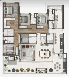 an apartment floor plan with all the furniture and decor in one room, including two dining areas