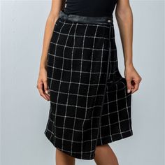 Black- White Check Lap Wrap Midi Skirt. Black Knee-length Skirt For Day Out, Elegant Black Skirt For Day Out, Black Asymmetrical Skirt For Day Out, Chic Black Asymmetrical Skirt, Chic Black Lined Skirt, Wrap Midi Skirt, Women Skirts Midi, Midi Skirt, Womens Skirt