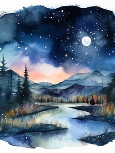 a watercolor painting of the night sky with mountains and trees