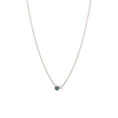 14k gold chain necklace with a larger prong set round emerald and an adjacent smaller prong set round white diamond SPECIFICS • 14k tiny cable chain with spring ring closure • total chain length: 16" [14"+ (2) 1" extenders] • round emerald is approx. 3mm• round diamond is approx. 2mm• white diamonds .03 ctw Sterling Silver Emerald Necklace In Fine Jewelry Style, Fine Jewelry Green Necklace With Diamond Accents, Fine Jewelry Green Necklaces With Diamond Accents, Emerald Gemstone Necklace In White Gold, Green 14k Gold Jewelry With Single Cut Diamonds, White Gold Emerald Necklace With Gemstone, Fine Jewelry Emerald Necklace In White Gold, Fine Jewelry With Diamond Accents For May Birthstone, Emerald Necklace With Diamond Accents Fine Jewelry