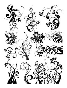 black and white floral designs with swirls on the sides, including leaves and flowers