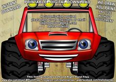 a red monster truck with big tires on it's front and the words printable digital