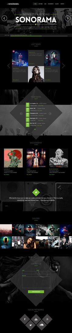 the website design for sonorama is shown in black and green colors, with an image