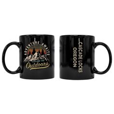 two black coffee mugs with the words, adventure await and outdoor adventures on them