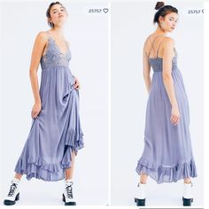 Our Favorite Slip Dress, Now In A Maxi Silhouette Featuring Our Best-Selling Adella Bralette At The Top With Boho Crochet Lace Details And A Light And Airy Skirt With A Tiered Hem. Smocked Stretchy Back Fully Lined Semi-Sheer Color: Slate Size: Xs ( 0-2 ) Fp One Old World Embellishment With A Modern Twist. Fp One Is An Exclusive, Handcrafted, In-House Label Specializing In Small Batch, Hand Dyed, And Hand Embellished Styles. Care/Import Hand Wash Cold Import Measurement (Laid Flat); 54” Length 13” Chest (Stretchy Elastic Smocked Back) 11 1/2” Waist ( Stretchy Elastic Smocked Back) Lavender Sleeveless Flowy Maxi Dress, Purple Lace Trim Dress For Spring, Spring Purple Dress With Lace Trim, Bohemian Purple Dress With Lace Trim, Purple Flowy Sleeveless Midi Dress, Flowy Purple Maxi Dress For Brunch, Purple Ruffled Midi Dress For The Beach, Purple Ruffled Midi Dress For Beach, Purple V-neck Dress With Lace Trim