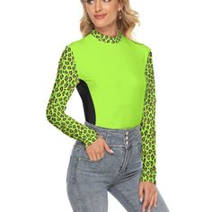 "Stay covered and cute with this high neck slimming Hivis shirt. No need to fear \"bow-wows\" in this flattering top. *Fabric: 80% polyester and 20% spandex *Stretchy slim fit *Pullover Sweater, Turtleneck, Slim Fit, Stretchable *Fabric weight: 230 g/m² *Care Instruction: machine wash cold with similar colors, do not bleach, tumble dry low, do not iron, do not dry clean. *This product is made to order *Order one/two sizes up for best fit." Green Stretch High Neck Top, Green High Neck Summer Top, Green High Neck Top For Summer, High Neck Green Top For Summer, Trendy Green Turtleneck Top, Flattering Tops, Turtleneck Top, Yellow Print, Green Print