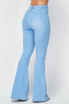 Enhance your wardrobe with these stylish solid denim jeans. Featuring a sophisticated high waist fit and bell bottom flare, these jeans are a luxurious addition to any outfit. The high-quality stretch fabric allows for maximum comfort and movement, making them an investment you won’t regret. Solid Denim Jeans High Waist Bell Bottom Plenty of Stretch 36"Inseam 66% Cotton, 30% Polyester, 2% Rallon, 2% Spandex Bell Bottom Flare Pants, Bell Bottom Jeans Colored, Trendy High-waist Denim Blue Flare Jeans, Fitted High Waist Light Blue Flare Jeans, Light Blue Bell Bottom Jeans, Blue Stretch High-waisted Flare Jeans, Flair Pants, Bell Jeans, Bootleg Jeans