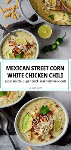 mexican street corn white chicken chili in two bowls with limes and cilantro