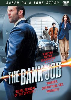 the bank job on dvd with an image of a man standing in front of a car