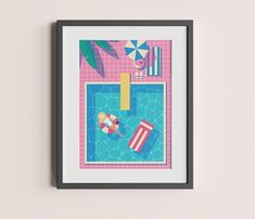 an art print on the wall above a swimming pool with umbrellas and beach balls