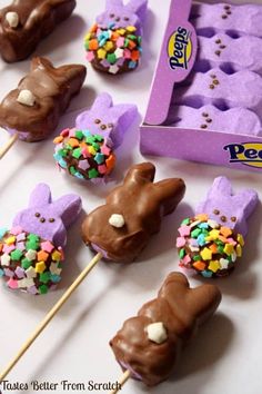 chocolate bunny lollipops with sprinkles and candies on sticks