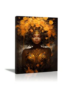 a woman with yellow flowers on her head is surrounded by leaves and branches, as if she