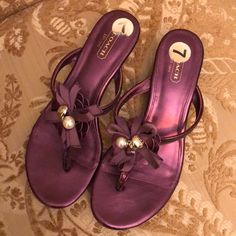 Purple With Flower, Bow, Pearl, And Heart #Easter Coach Slip-on Summer Heels, Elegant Coach Sandals For Spring, Coach Sandals For Spring Formal Occasions, Coach Sandals For Summer Evenings, Elegant Coach Open Toe Sandals, Coach Flat Sandals For Spring, Elegant Coach Synthetic Sandals, Coach Open Toe Party Sandals, Coach Open Toe Sandals For Party