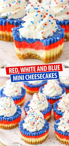 red, white and blue mini cheesecakes on a plate with the title above it