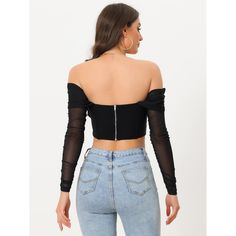 This attractive crop top features a mesh sheer long sleeve, the design of off-shoulder style, and a boned bustier. It is a must-have for any fashion-forward wardrobe. Styled with earrings, a necklace, a mini skirt, and high heels as your fashion look! Suitable for clubwear, daily, loungewear, party, school, work, office, winter, fall, summer, holiday, vocation, pub, bar, cocktail, night out, nightwear, dating. Fitted Off-shoulder Mesh Top For Night Out, Trendy Fitted Off-shoulder Mesh Top, Stretch Mesh Sleeve Off-shoulder Top, Stretch Off-shoulder Tops With Mesh Sleeves, Trendy Off-shoulder Mesh Top, Fitted Off-shoulder Mesh Top For Party, Mesh Crop Top With Mesh Sleeves For Night Out, Black Sheer Off-shoulder Top, Spring Off-shoulder Mesh Top For Night Out