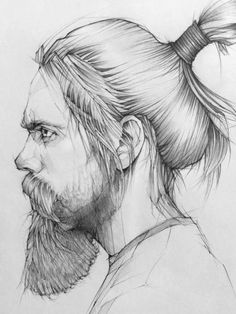 a pencil drawing of a man with a ponytail