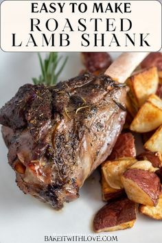 roasted lamb shank with potatoes and rosemary garnish on a white plate text overlay says easy to make roasted lamb shank