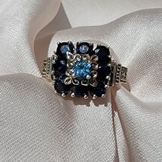 Sterling Silver Ring Sapphires In A Square Formation A Lot Of Cute Little Details Size 7 Good Condition Y Square Rings, Womens Jewelry Rings, Blue And Silver, Sterling Silver Jewelry, Sterling Silver Rings, Sapphire, Square, Silver Rings, Women Jewelry