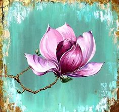 a painting of a pink flower on a green background