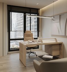 an office with a desk and chair in front of a large window overlooking the city