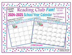 two school year calendars with the words reading club fun in blue and pink polka dots