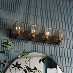 a bathroom with a mirror and lights on the wall next to a potted plant