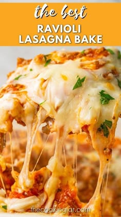 the best ravioli lasagna bake recipe with cheese and sauce on top