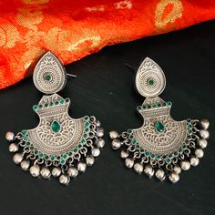 German Silver Oxidized Chandbali/Tribal Oxidized Silver Chandbali Earrings/ Silver Green Blue Pink Earrings / Gift for Girls /Christmas Gift Features: - Length: 2.85 Inches - Earrings come with push back - Contemporary earrings with simulated stones in silver finish. - Very Elegant and stylish, these earrings can be paired with any traditional Indian or Western Attire depending upon the occasion and the theme. - The base is pure brass (90%) and pure 92.5 silver (10%) which makes this very sturdy Handmade Temple Jewelry Danglers For Festival, Green Handmade Chandelier Earrings For Festive Occasions, Bohemian Green Chandelier Earrings For Festive Occasions, Bohemian Green Earrings For Celebration, Handmade Green Chandbalis For Festivals, Handmade Green Earrings For Diwali, Green Chandbalis As A Gift, Traditional Green Hoop Earrings For Festive Season, Bohemian Earrings For Diwali Celebration