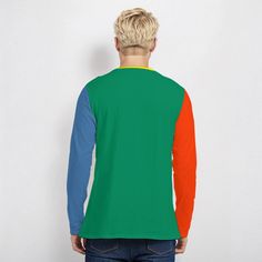 • Elevate your casual style with our Color Block T Shirt Men, a fusion of artistic flair and comfort.• Crafted from 100% cotton, this Long Sleeve Tshirt Tee offers breathability and softness for all-day wear.• Stand out from the crowd with the unique multicolor print featuring blue on the main bodice, contrasting red and green sleeves, and a pop of lemon yellow at the crew neckline.•Whether it's a gift for him or a treat for yourself, this Color Block Tee is perfect for adding a touch of personality to your wardrobe.● Fabric: 100% Cotton● Regular fit● Classic round neck,long sleeve● Fabric weight: 190 g/m● Care Instruction: machine wash cold with similar colors, line drying, do not bleach and dry clean, iron at a maximum sole-plate temperature of 110 degree Celcius without steam. Steam iro Artistic Blue Crew Neck Tops, Multicolor Long Sleeve T-shirt With Screen Print, Multicolor Long Sleeve Tops With Graphic Design, Blue Long Sleeve Color Block T-shirt, Artistic Blue Cotton T-shirt, Artistic Long Sleeve Relaxed Fit T-shirt, Artistic Green Cotton T-shirt, Colorful Cotton Crew Neck Shirt, Unisex Artistic Cotton Tops