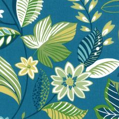 a blue background with green leaves and flowers on it's sides, which is very similar to the same pattern