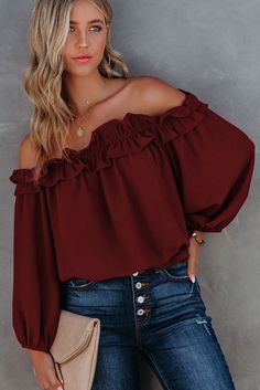 Red Puff Sleeve Ruffled Off Shoulder Blouse Casual Puff Sleeve Top With Ruffles For Fall, Fall Casual Puff Sleeve Top With Ruffles, Fall Off-shoulder Red Tops, Red Off-shoulder Tops For Fall, Fall Season Red Off-shoulder Tops, Red Lantern Sleeve Blouse For Fall, Chic Red Puff Sleeve Blouse, Red Lantern Sleeve Tops For Spring, Chic Red Lantern Sleeve Tops