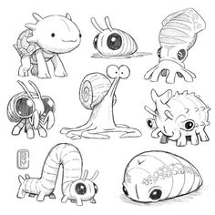 some very cute cartoon animals and their names in black and white, with one drawing on the