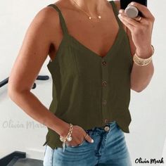 Olivia Mark - Stylish Sleeveless Solid Color Tank Top Army Green, Shoulder Strap, Dye, Tank Top, Solid Color, Tank Tops, Green, Clothes, Color